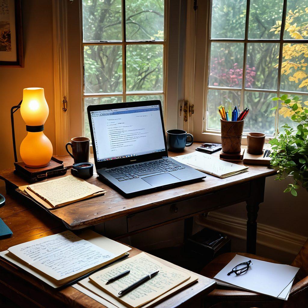 A cozy, inviting room with a vintage writing desk, papers scattered with colorful ink pens, an open diary with beautiful handwritten thoughts, and a glowing laptop screen displaying engaging digital storytelling. Soft natural light filters through a window, highlighting the transformation from personal reflections to vibrant narratives. Elements of creativity and inspiration, such as sketches and a steaming cup of coffee, surround the workspace. warm atmosphere. super-realistic. vibrant colors.
