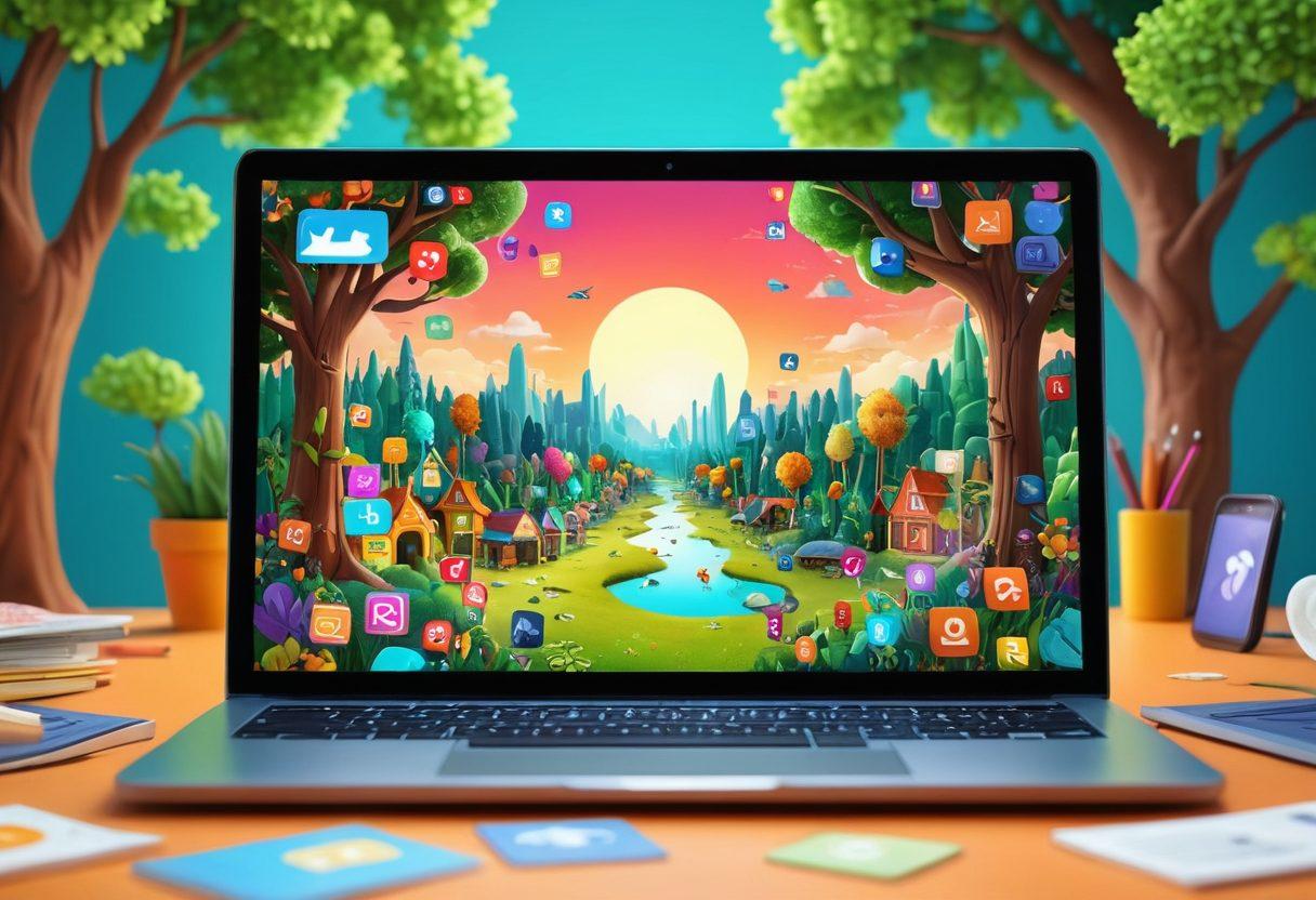 An open laptop displaying a vibrant, dynamic digital storytelling interface, surrounded by colorful icons representing social media, blogging tools, and creative writing. A diverse group of animated characters, including a storyteller and engaged readers, interact around the screen, showcasing collaboration and creativity. The background features a whimsical blend of narrative landscapes, such as a forest of ideas and a city of tales. bright colors. 3D. cartoon style.