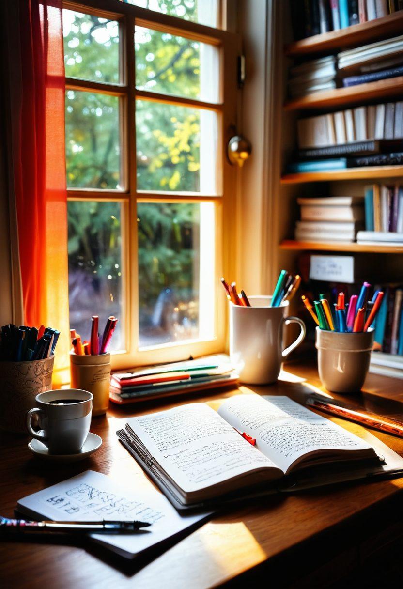 A beautiful, open notebook filled with handwritten notes and doodles, surrounded by colorful pens and a steaming cup of coffee. In the background, a cozy, sunlit room with vibrant bookshelves and inspirational quotes on the wall. A soft light beams through a window, casting a warm glow on the scene to inspire creativity. vibrant colors. soft focus. cozy atmosphere.